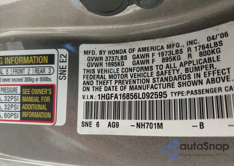 2006 Honda Civic Ex z USA, uszkodzony, nr VIN 1HGFA16856L092595